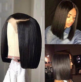 Bob style straight 13x4 transparent frontal lace wig in natural black.