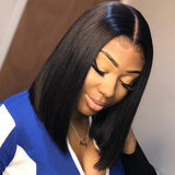 Bob style straight transparent frontal lace wig in natural black 1B.