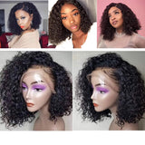 Bob style water wave lace wig in natural black, transparent frontal, model and mannequin display.