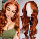 Orange ginger body wave lace frontal wig with transparent 13x4 lace for a natural look.