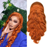 Orange ginger body wave wig with 13x4 transparent frontal lace, vibrant color.