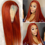 Orange ginger straight lace wig with transparent frontal, shown on mannequin and model.