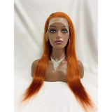 Orange ginger straight lace wig with transparent frontal, styled on mannequin.