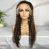 Highlight honey blonde deep wave lace wig on mannequin head with transparent frontal.