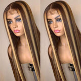 Highlight honey blonde straight lace wig, #4/27, 13x4 transparent frontal.