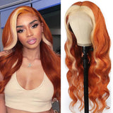 Blond and orange body wave lace wig with transparent frontal, 13x4 highlight style.