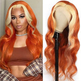 Blond and orange body wave lace wig with highlights on a mannequin, showcasing frontal and styling on a person.