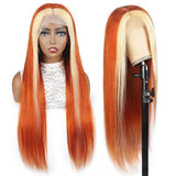 Blond and orange highlight straight 13x4 transparent frontal lace wig.