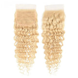 #613 deep wave blonde hair closure, 4x4 human hair, transparent lace.