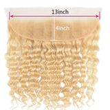 Blonde deep wave 13x4 transparent frontal hairpiece.