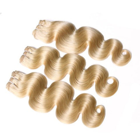 #613 blonde body wave human hair bundles, 100 grams, top view.