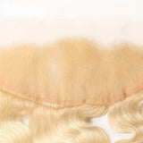 Blonde body wave 13x4 human hair frontal with transparent lace.