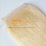 Blonde straight human hair closure with baby hair, bleached knots, and pre-plucked natural hairline.