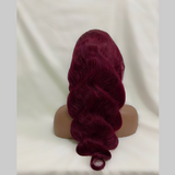 99J body wave transparent frontal lace wig in rich burgundy color displayed on mannequin.