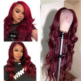 99J body wave lace wig with transparent frontal, vibrant red color.