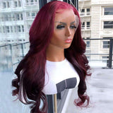 99J body wave lace frontal wig with transparent lace on mannequin head.