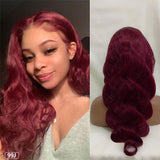 99J body wave lace wig in burgundy with transparent frontal.