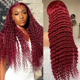 99J deep wave lace frontal wig with rich red color and transparent lace.