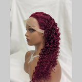 Deep wave transparent frontal lace wig in burgundy color.