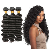 Deep wave virgin human hair bundles in natural black with voluminous texture.