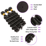 Deep Wave Virgin Human Hair Natural Black Bundles with double weft, tight, neat, full, thick, and no split ends features.