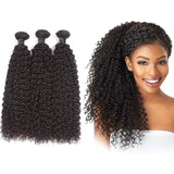 Kinky curly virgin human hair bundles in natural black, 100 grams each.