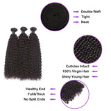 Kinky Curly Virgin Human Hair Bundles with tight curls and healthy ends, featuring intact cuticles and double weft design.