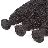 Kinky curly virgin human hair bundles in natural black.