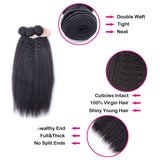 Kinky Straight Virgin Human Hair Bundles in natural black, double weft, thick and neat texture.