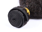 Kinky Straight Virgin Human Hair Bundle in Natural Black, close-up of texture and weave.