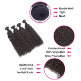 Natural curly virgin human hair bundles, double weft, intact cuticles, healthy ends, 100% virgin hair, natural black color.