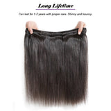 Straight virgin human hair bundles, natural black, 100 grams, long-lasting with proper care.