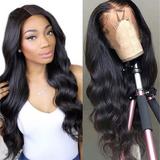 Body Wave HD Full Frontal 13*4 Lace Wig in Natural Black showcased on a mannequin and worn by a model.