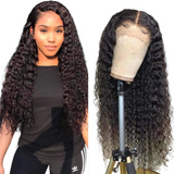 Deep wave HD lace frontal wig in natural black on mannequin and model.