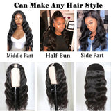 Body Wave #1B Natural Black U Part Wigs, 100% Virgin Human Hair, 180% Density, versatile styling options including middle part, half bun, and side part.