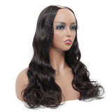 Body Wave #1B Natural Black U Part Wig on mannequin, 100% Virgin Human Hair, 180% Density