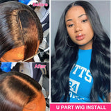 Body Wave #1B Natural Black U Part Wig, 100% Virgin Human Hair, 180% Density, before and after installation.