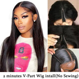 Straight #1B Natural Black V Part Wig, 100% Virgin Human Hair, 180% Density