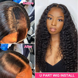 Deep wave natural black U part wig made from 100% virgin human hair, 180% density.