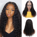 Deep wave U-part wig in natural black, 100% virgin human hair, 180% density.