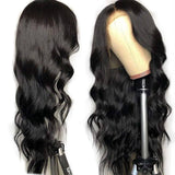 Body Wave Full Frontal 13x4 Transparent Lace Wig in Natural Black on a mannequin, showcasing soft, flowing waves and natural shine.