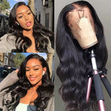 Body Wave Full Frontal 13x4 Transparent Lace Wig in Natural Black showcasing premium human hair with a soft wave pattern.