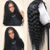 Deep wave full frontal 13x4 transparent lace wig in natural black with defined bouncy waves.