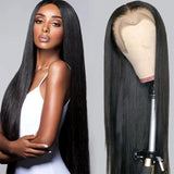 Straight 13x4 transparent lace wig in natural black on mannequin and model.