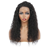 Water Wave Full Frontal 13x4 Transparent Lace Wig in Natural Black with beachy waves on a mannequin head.