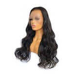 Body Wave HD Full Frontal 13*4 Lace Wig in Natural Black on mannequin, showcasing wavy texture and natural appearance.