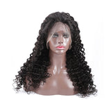 Deep wave HD full frontal 13*4 lace wig in natural black on mannequin.