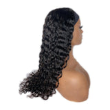 Deep wave glueless headband wig in natural black with 180% density, showcasing voluminous curls.