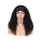 Kinky curly glueless headband wig in natural black, 180% density, premium human hair.