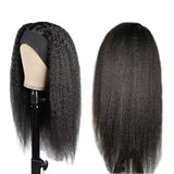 Kinky Straight Glueless Headband Wig in Natural Black, 180% Density, human hair.